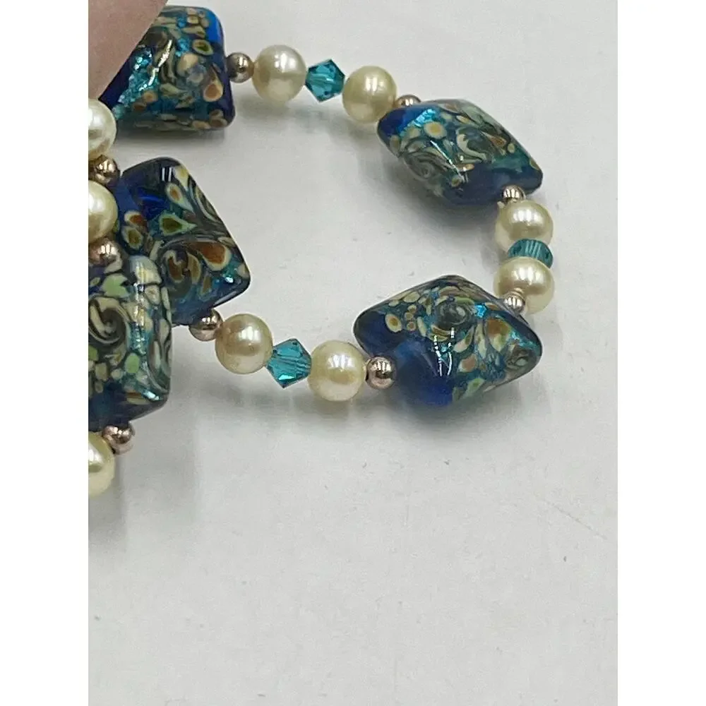 Murano Glass Necklace Sterling Silver Clasp Freshwater Pearls Blue Gold Van Gogh